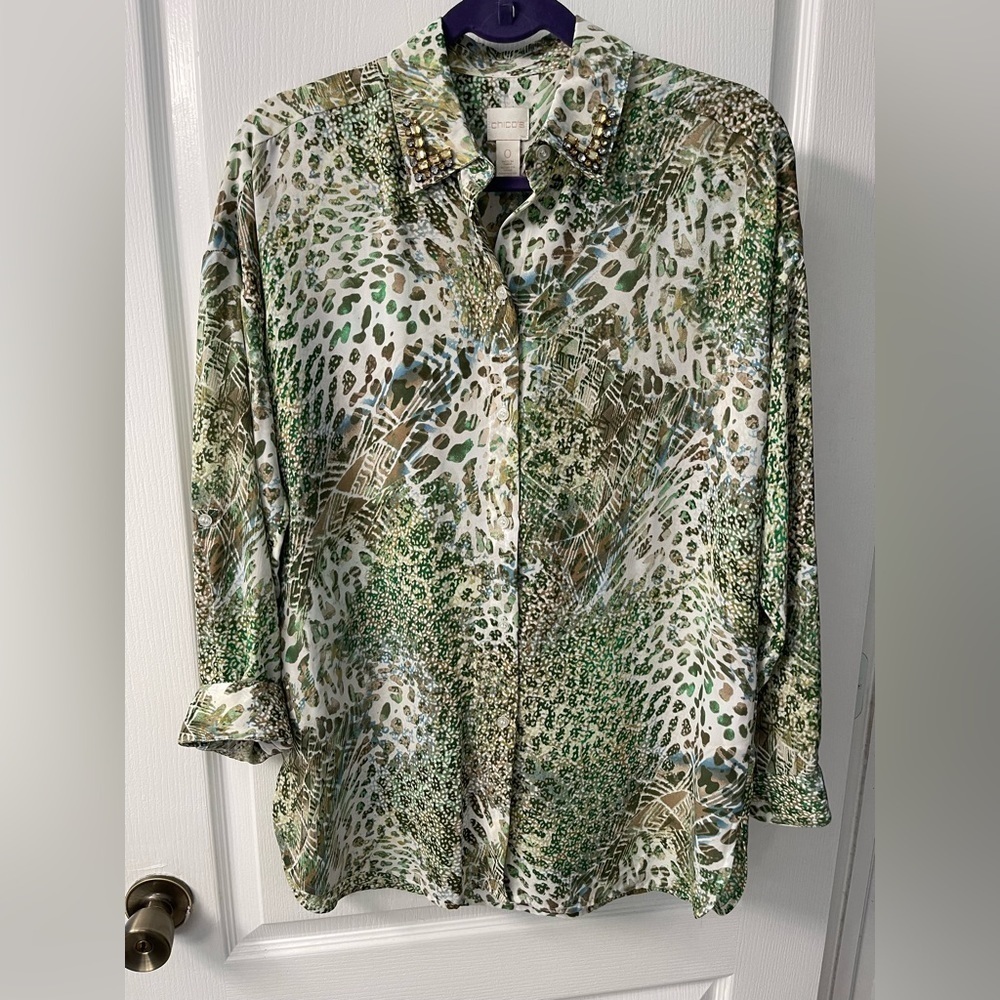 Chico’s 100% Polyester Long Sleeve Collared Top with Embellishments